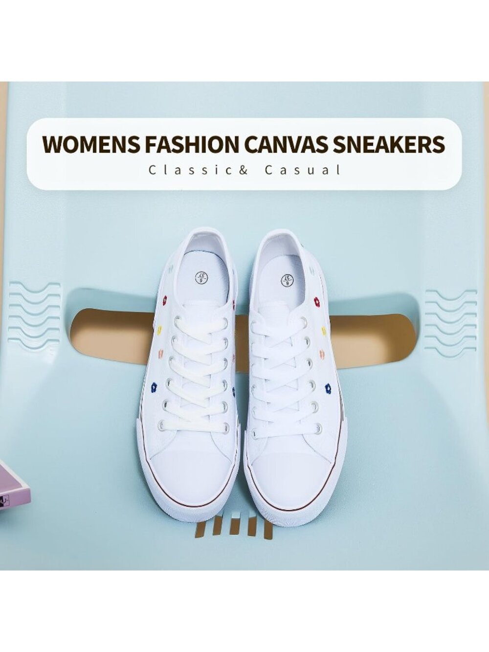 Women's White Embroidery Low Top Canvas Slip on Casual Tennis Fashion Sneaker - Picture 4 of 6